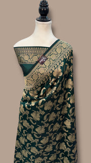 Green Pure Katan Silk Banarasi Handloom Saree - All Over Jaal Work - The Handlooms