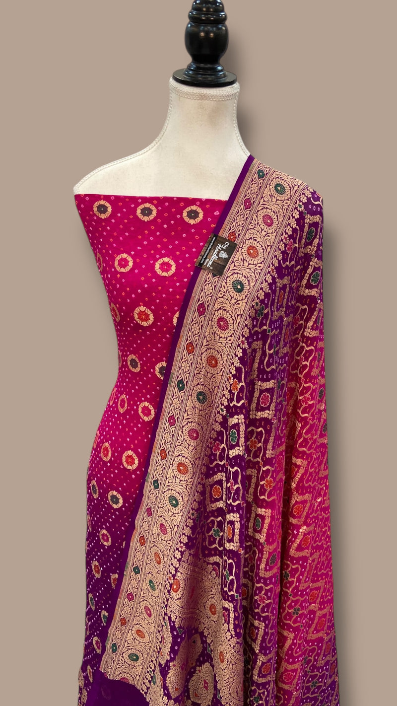 Pure Khaddi Georgette Bandhej Banarasi Dress material With Meenakari - The Handlooms