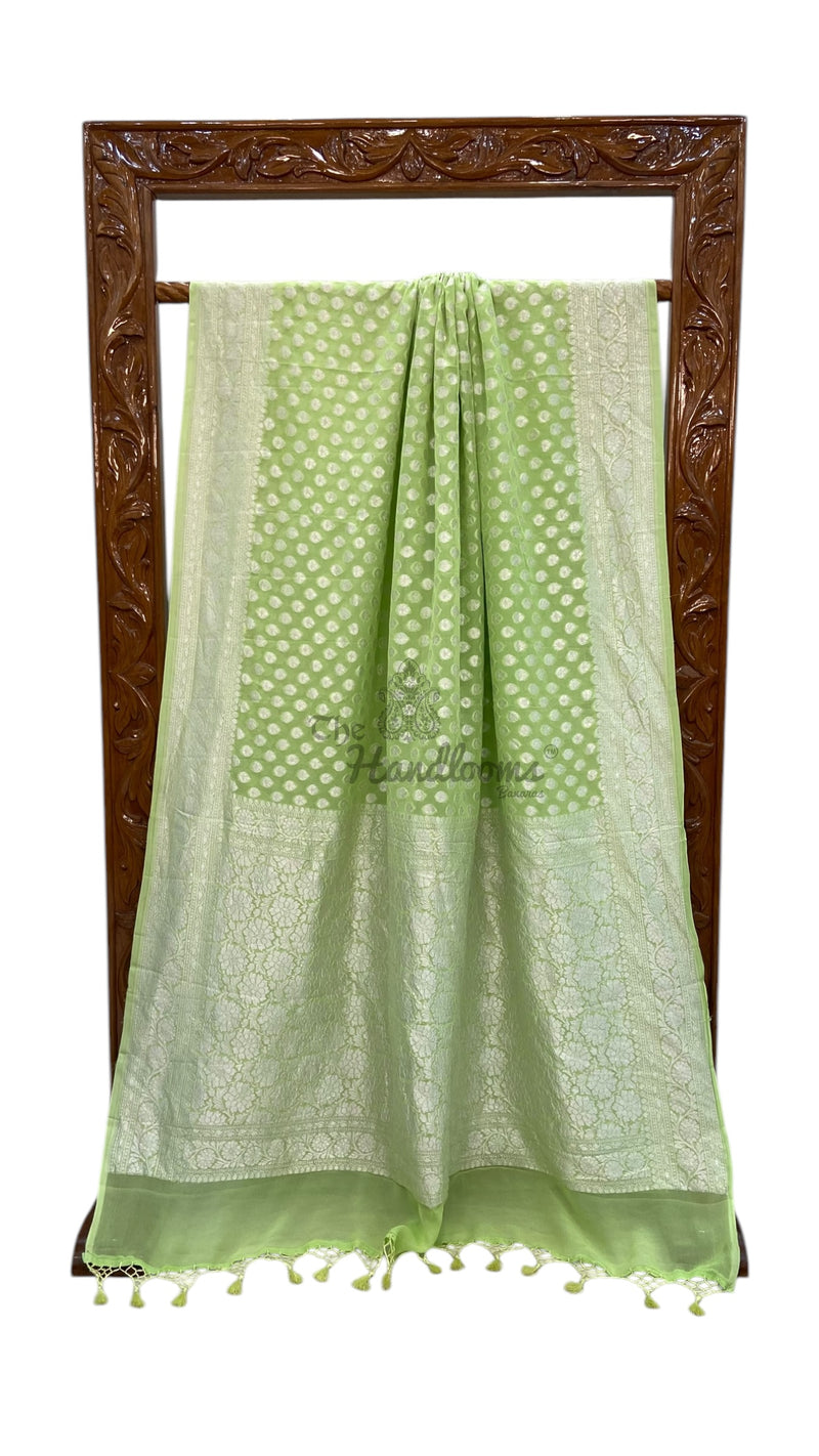 Khaddi Georgette Handloom Banarasi Saree With Silver Zari Motifs - The Handlooms
