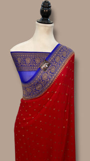 Red with blue Khaddi Georgette Banarasi Saree -  Antique zari - The Handlooms