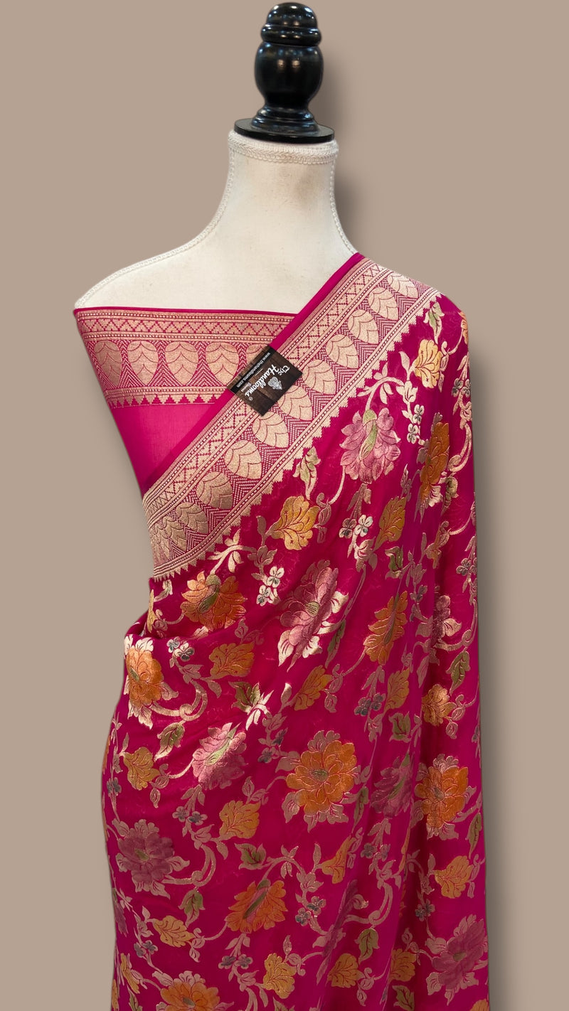 Hot Pink Pure Khaddi Georgette Handloom Banarasi Saree - The Handlooms