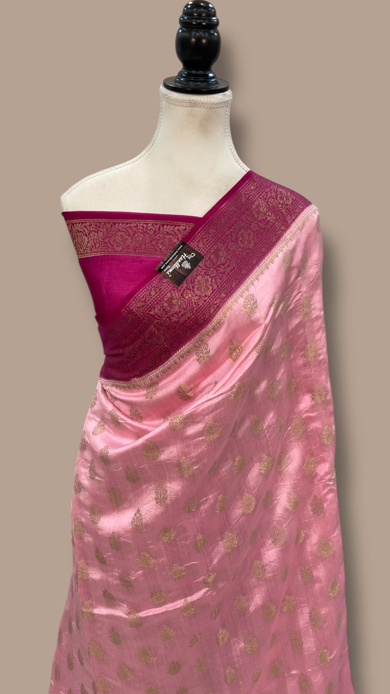 Baby Pink Pure Dupion Silk Banarasi Saree - The Handlooms