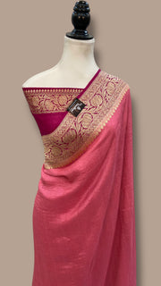 Strawberry Pink Tussar Georgette Handloom Banarasi Saree - The Handlooms