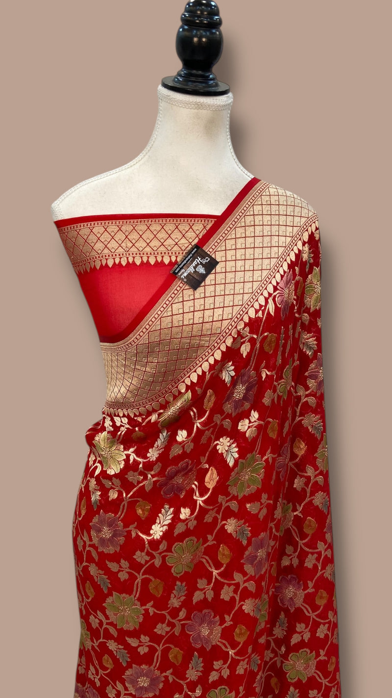 Pure Khaddi Georgette Handloom Banarasi Saree with water zari - The Handlooms