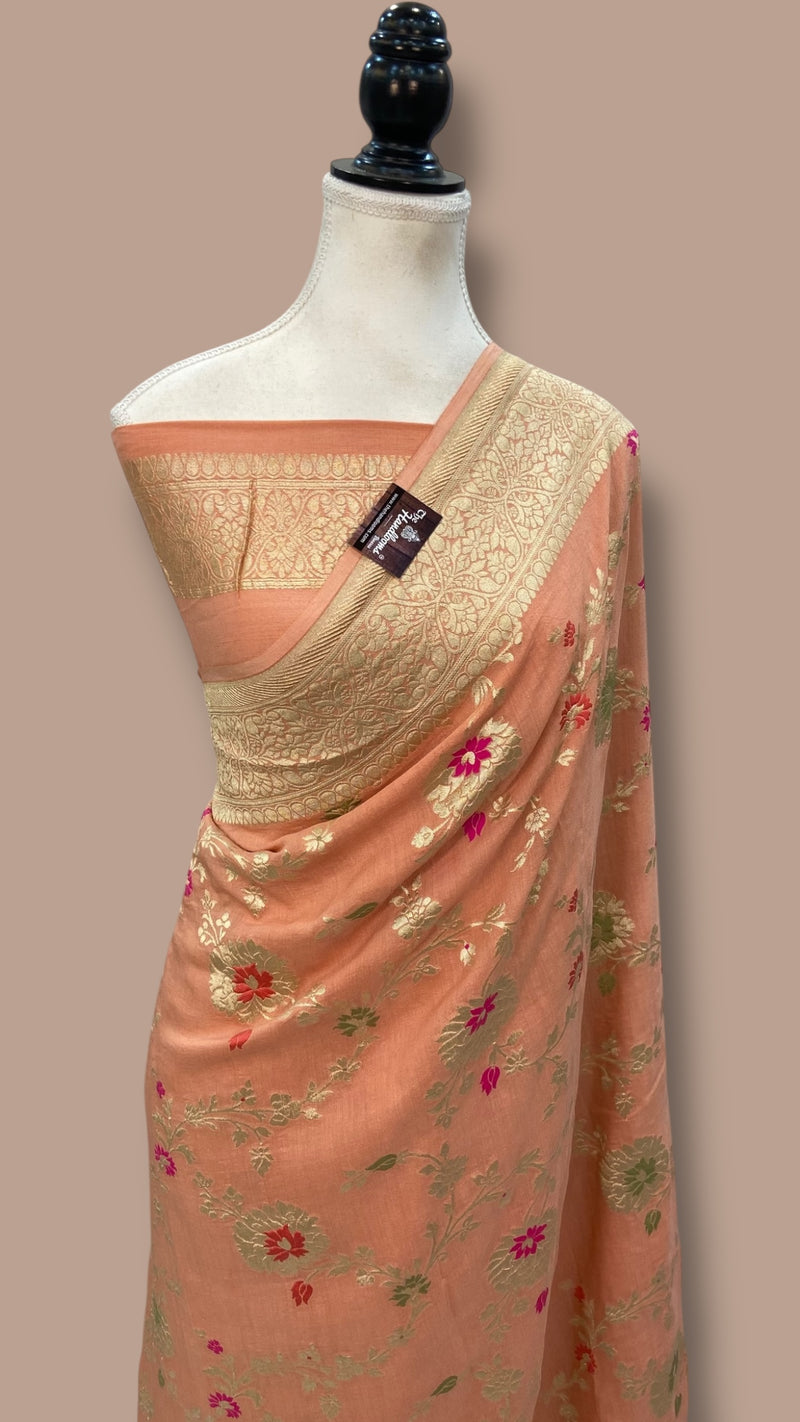 Moonga Georgette Handloom Banarasi Saree - All Over Jaal Work With Meenakari - The Handlooms