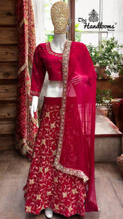 Georgette Zardosi Lehenga with Handworked Chiffon Dupatta & Silk Blouse - The Handlooms