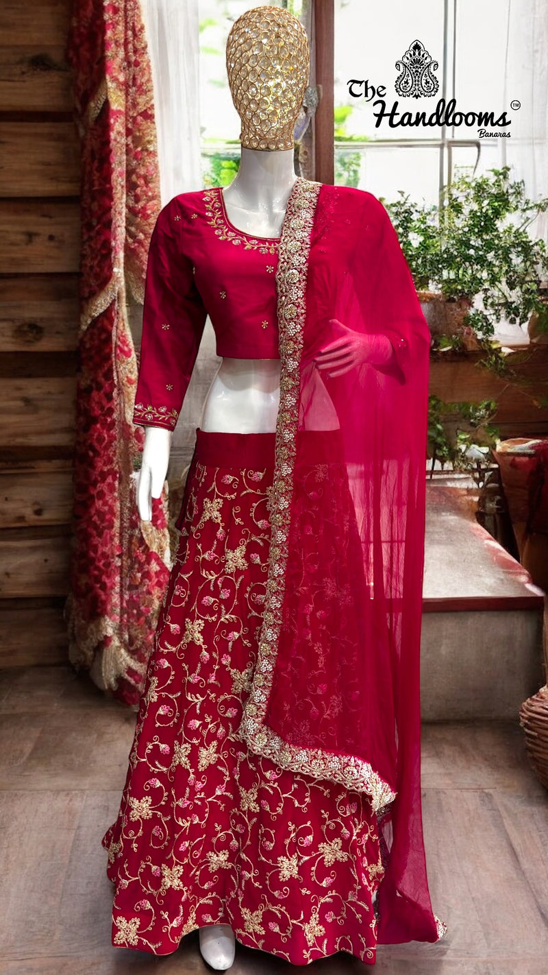 Georgette Zardosi Lehenga with Handworked Chiffon Dupatta & Silk Blouse - The Handlooms