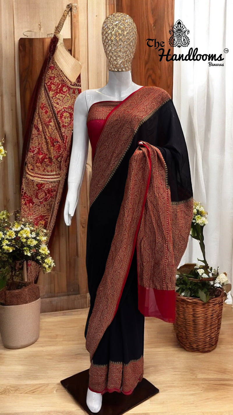 Black Pure Khaddi Georgette Handloom Banarasi Saree - The Handlooms