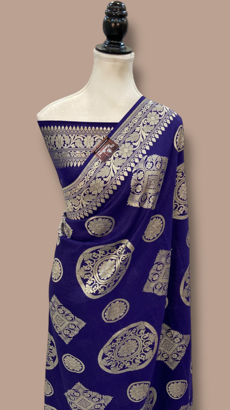 Deep Royal Blue Moonga Georgette Handloom Banarasi Saree - The Handlooms