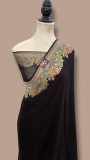 Black Pure Khaddi Georgette Handloom Banarasi Saree with water zari - The Handlooms
