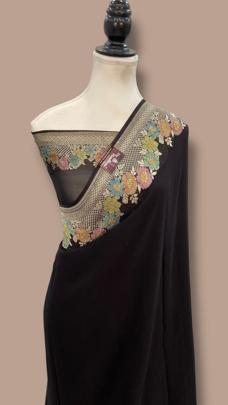 Black Pure Khaddi Georgette Handloom Banarasi Saree with water zari - The Handlooms