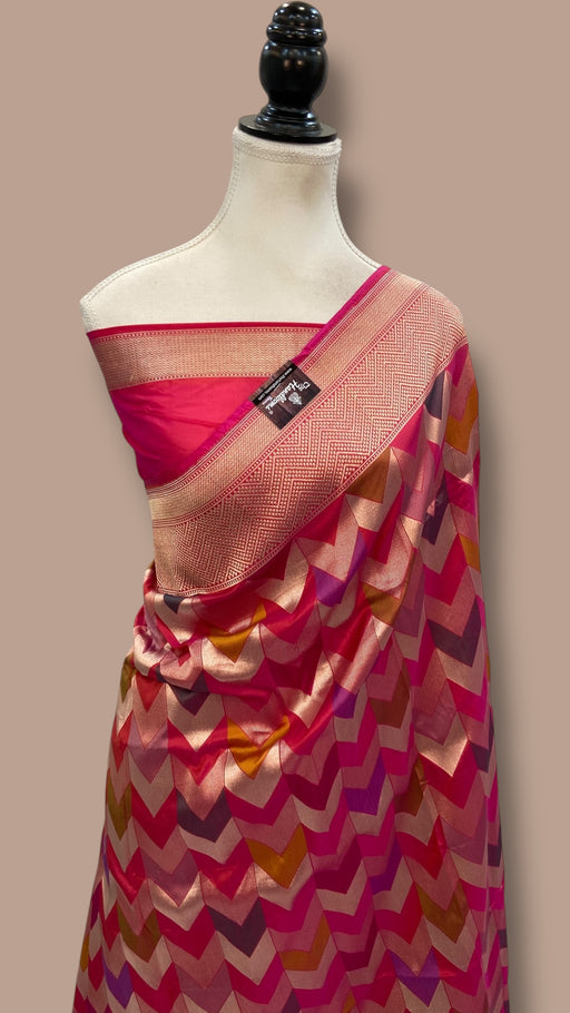 Multicolor Pure Katan Silk Banarasi Handloom Saree - All over Jaal Work With Rangkart - The Handlooms