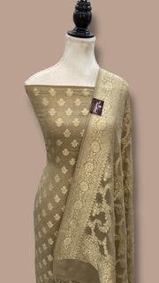 Green Beige Khaddi Georgette Banarasi Dress material Water Zari - The Handlooms