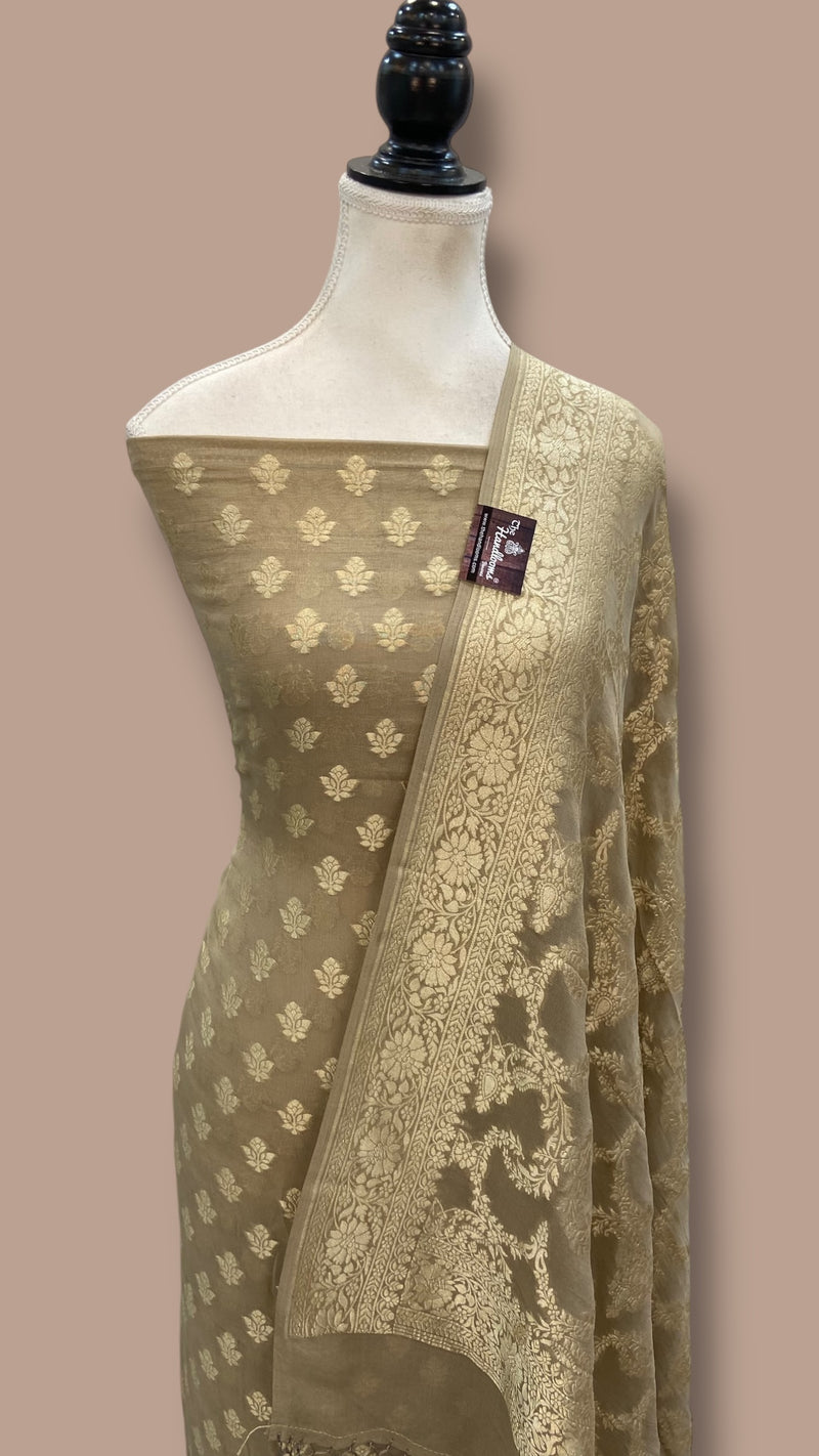Green Beige Khaddi Georgette Banarasi Dress material Water Zari - The Handlooms