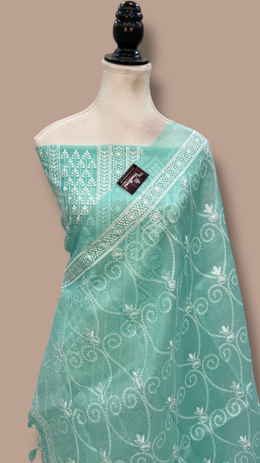 Pure Organza Chikankari Handloom Banarasi Dress Material - The Handlooms