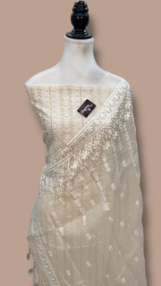 Pure Organza Chikankari Handloom Banarasi Dress Material - The Handlooms