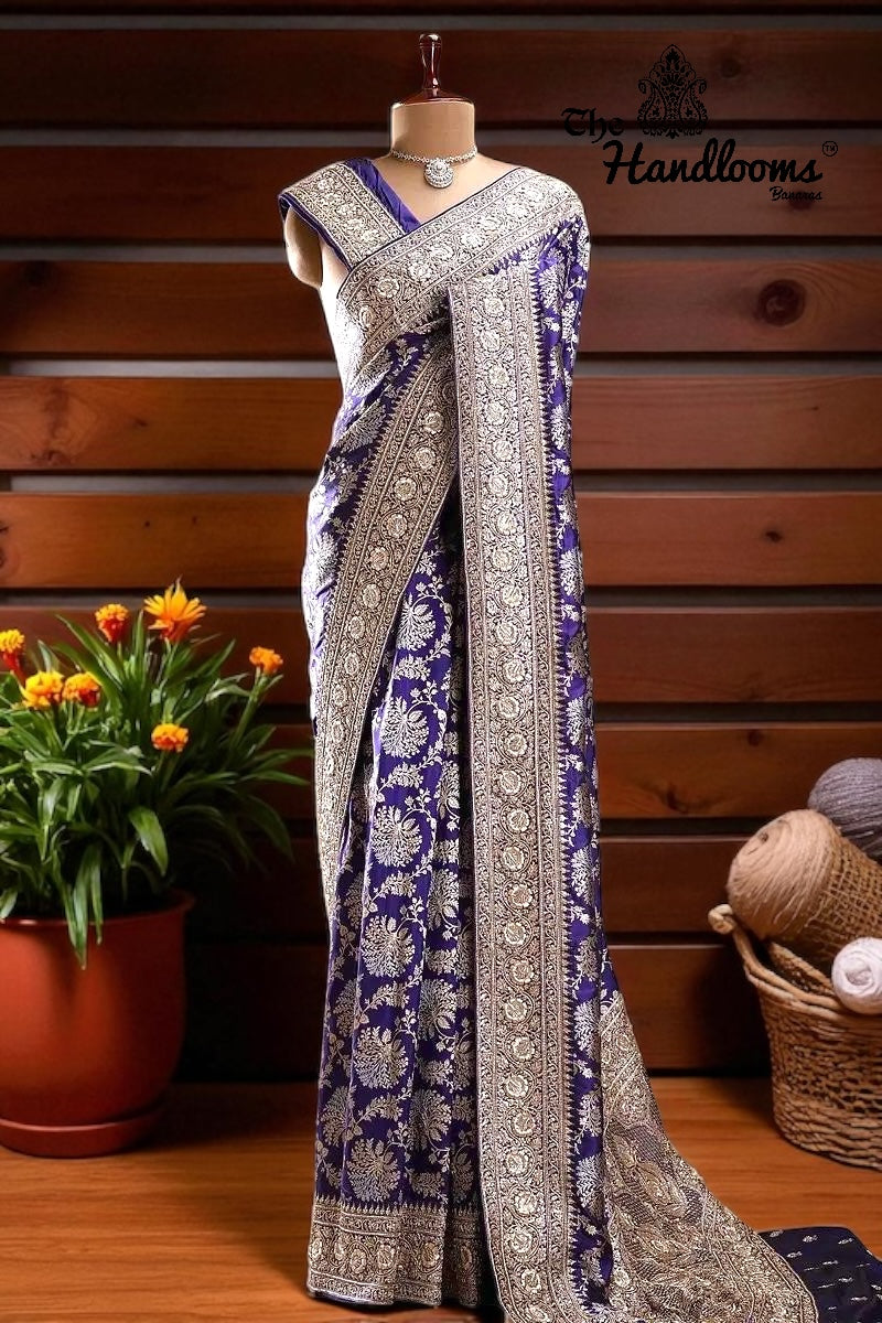 Handwork Rooom Pure Katan Silk Banarasi Handloom Saree with Zardozi Gota Patti ...
