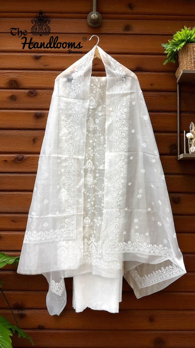 Pure Organza Banarasi Chikankari 3-Piece Suit - The Handlooms