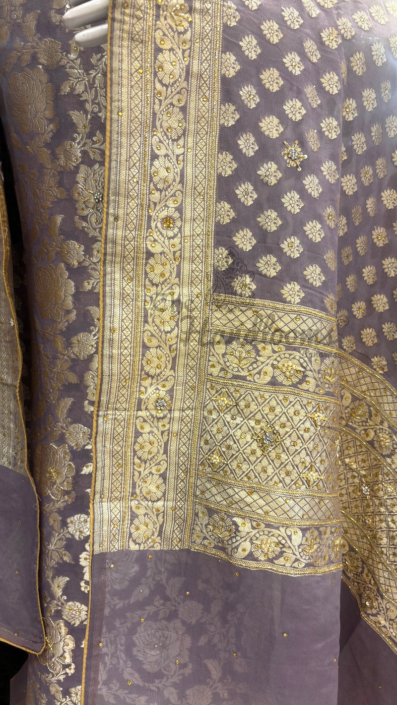 Pure Khaddi Georgette Handloom Banarasi Dress Material With Katdana,Zardozi,Stone,Diamond,Dapka - The Handlooms