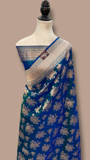 German Blue Pure Katan Silk Banarasi Handloom Saree - All over Jaal work - The Handlooms