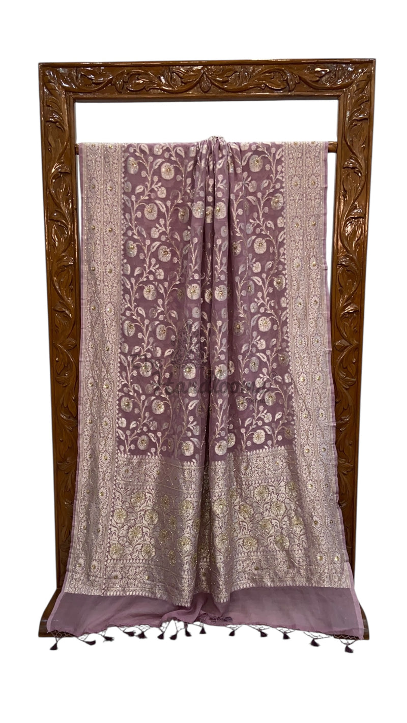 Khaddi Georgette Handloom Banarasi Saree with Handwork: Gota Patti, Zardozi, Diamond Chain, Katdana, and Abla Detailing - The Handlooms