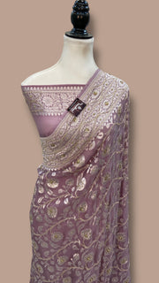 Khaddi Georgette Handloom Banarasi Saree with Handwork: Gota Patti, Zardozi, Diamond Chain, Katdana, and Abla Detailing - The Handlooms