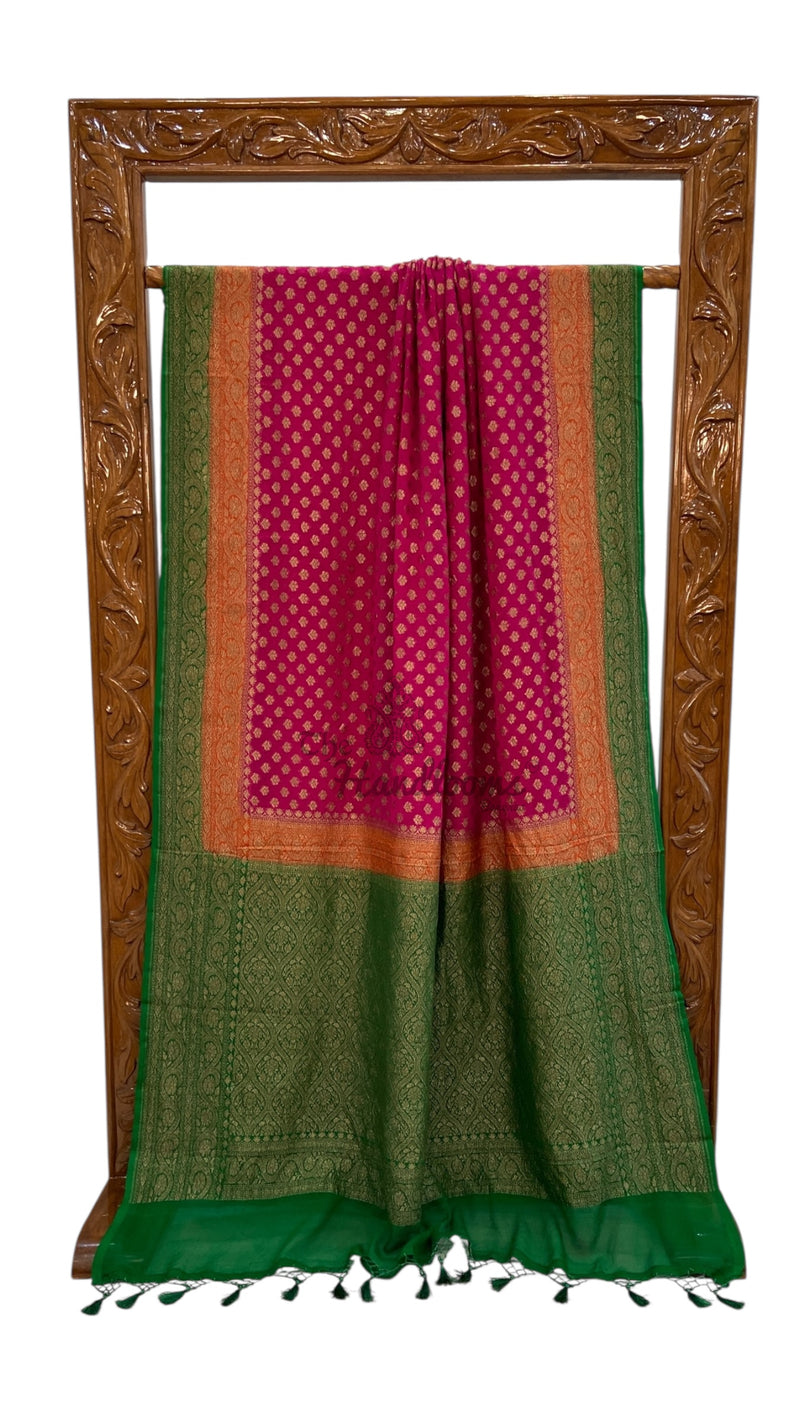 Hot Pink Pure Khaddi Georgette Handloom Banarasi Saree - The Handlooms