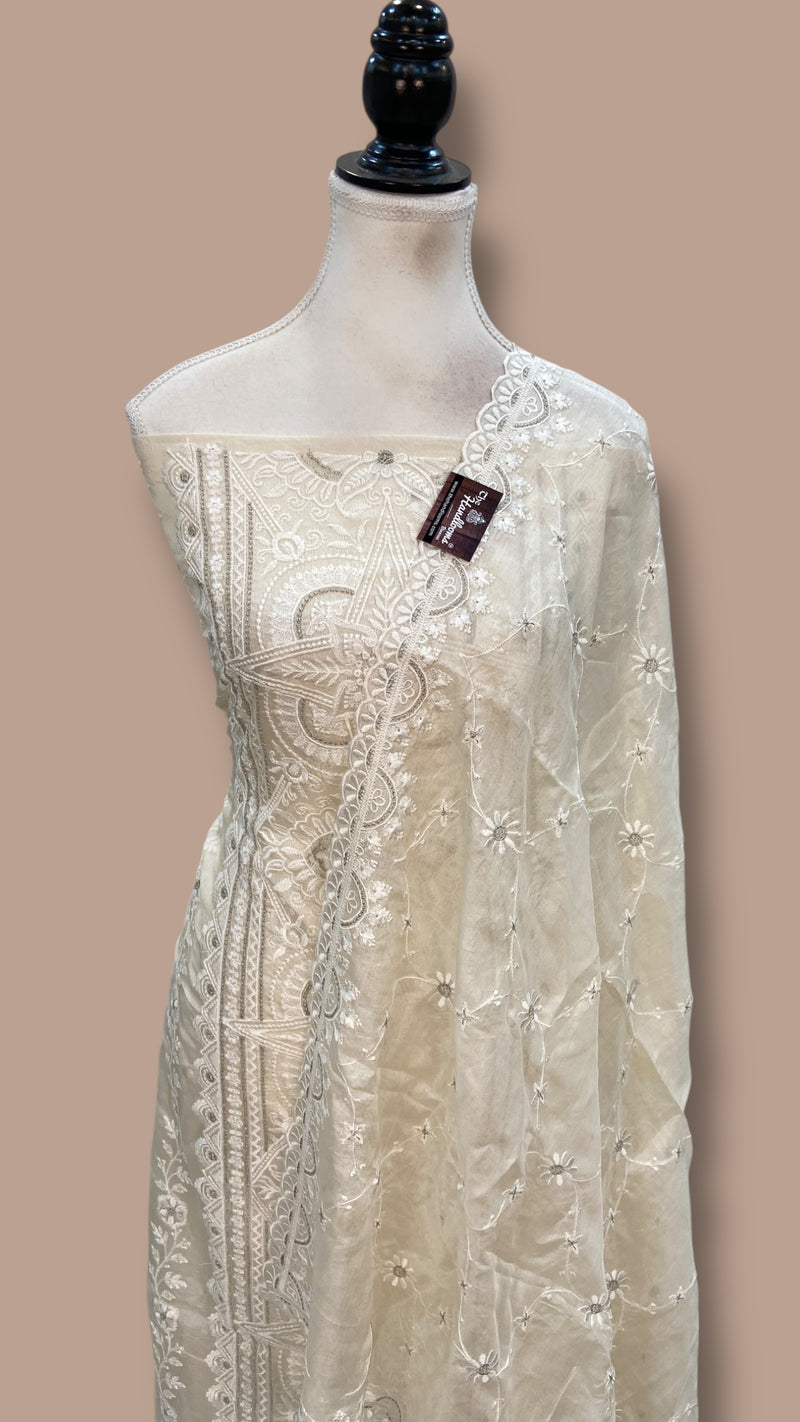 Pure Tussar Chikankari Handloom Banarasi Dress Material - The Handlooms