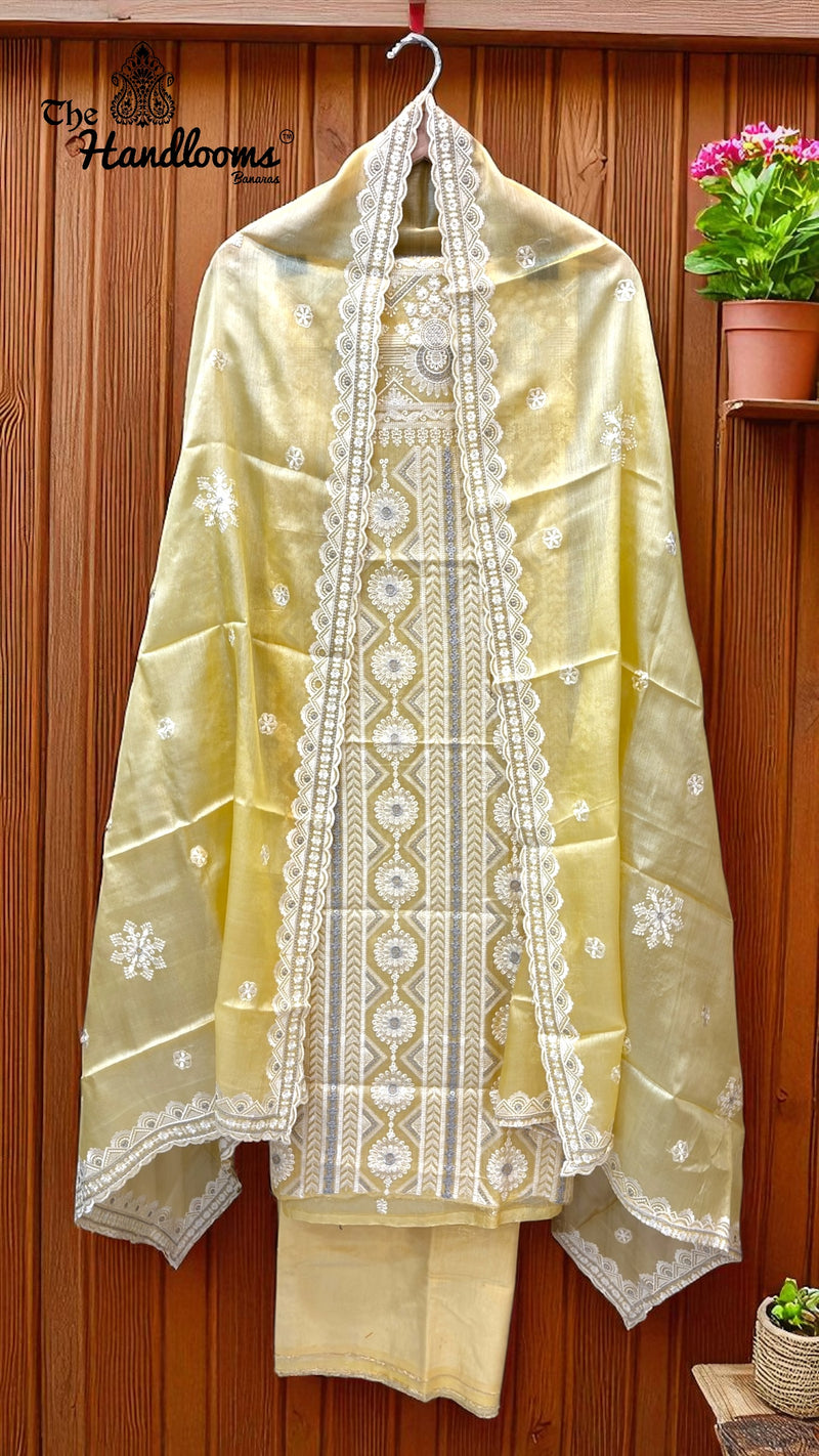 Pure Tussar Chikankari Handloom Banarasi Dress Material - The Handlooms