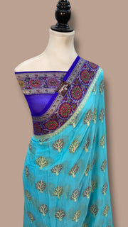 Aqua Blue Pure Chiffon Khaddi Banarasi Saree - The Handlooms
