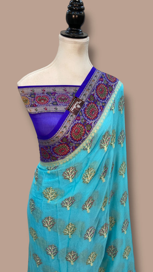 Aqua Blue Pure Chiffon Khaddi Banarasi Saree - The Handlooms