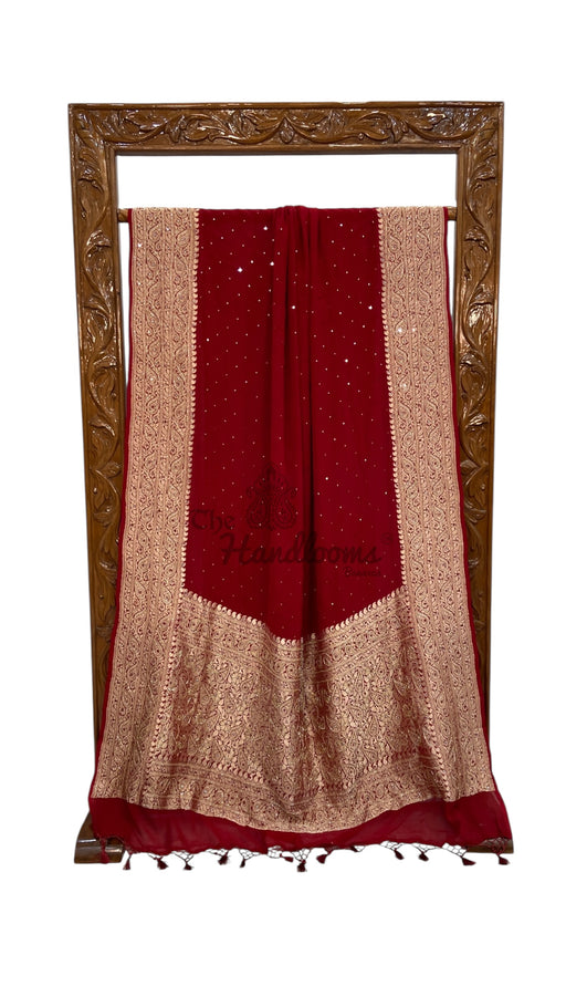 Khaddi Georgette Handloom Banarasi Saree with Handwork: Gota Patti, Zardozi, Diamond Chain, Katdana, and Abla Detailing - The Handlooms