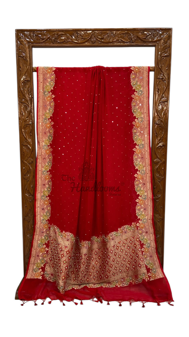 Red Khaddi Georgette Handloom Banarasi Saree with Handwork: Gota Patti, Zardozi, Diamond Chain, Katdana, and Abla Detailing - The Handlooms