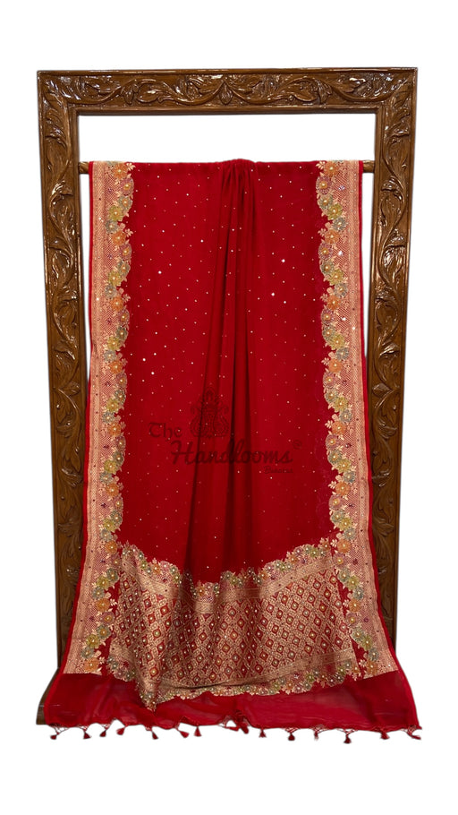 Red Khaddi Georgette Handloom Banarasi Saree with Handwork: Gota Patti, Zardozi, Diamond Chain, Katdana, and Abla Detailing - The Handlooms