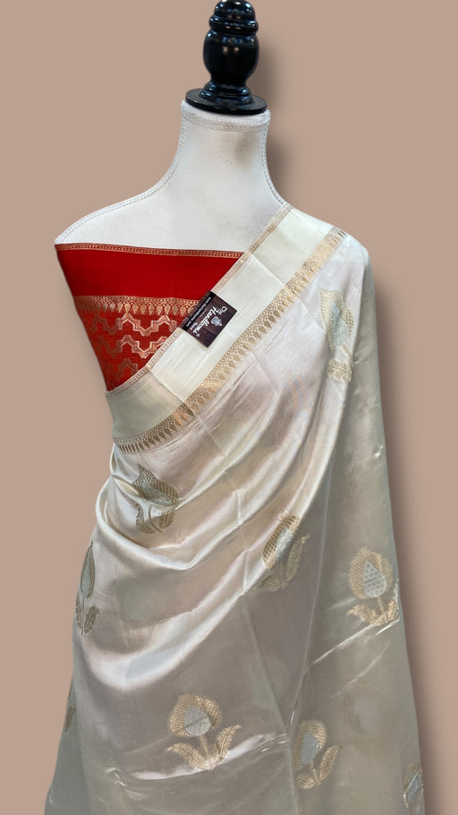 White Pure Mango Silk Banarasi Handloom Saree - The Handlooms