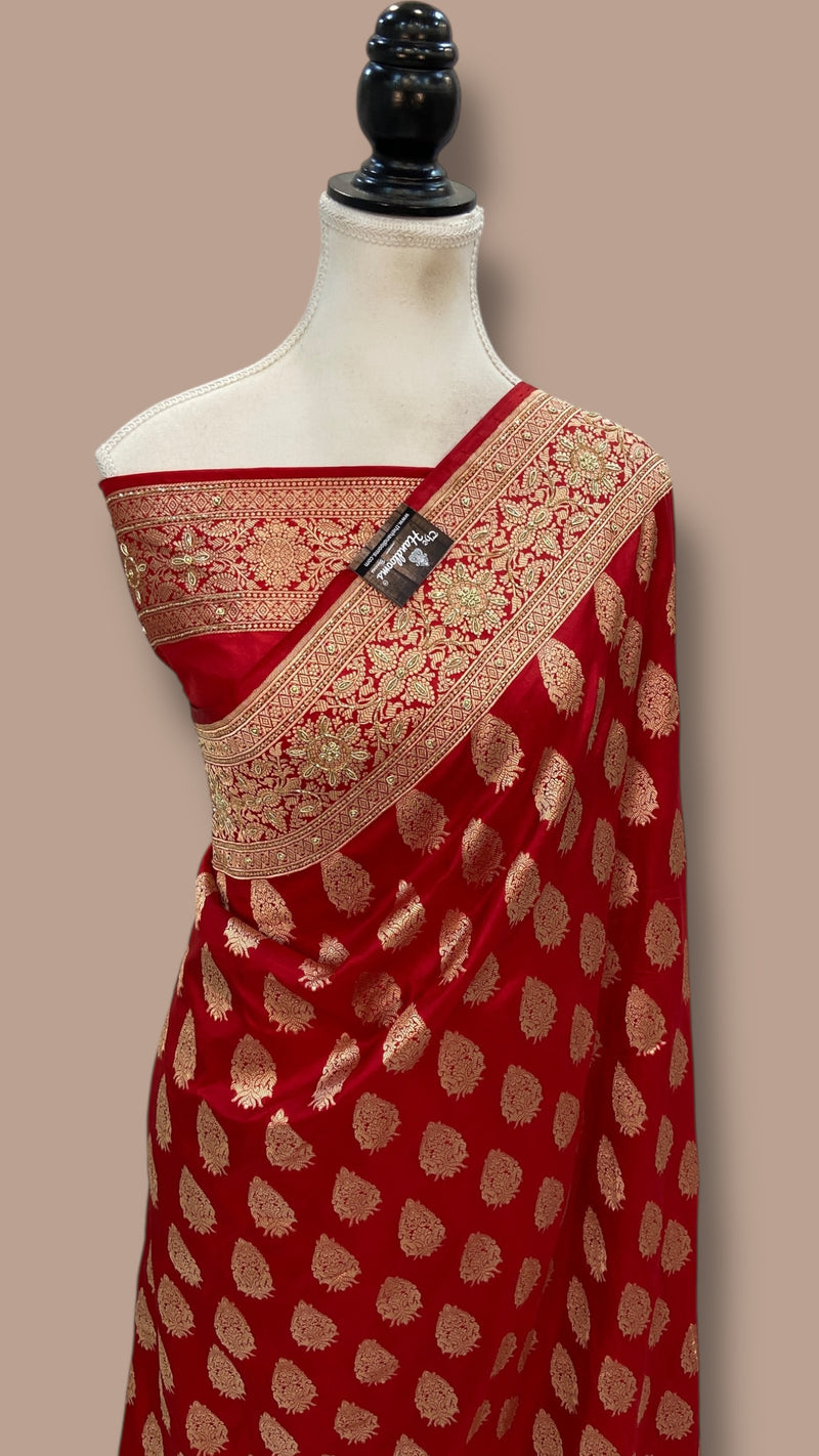 Red Pure Katan Silk Banarasi Handloom Saree - All Over Boota With Zardosi Handwork - The Handlooms