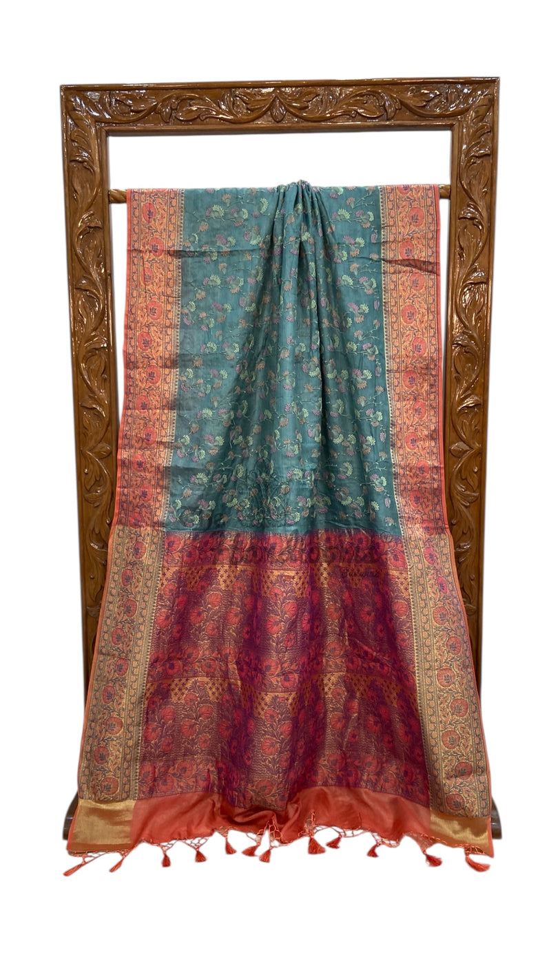 Tussar Silk Handloom Banarasi Saree With Chikankari