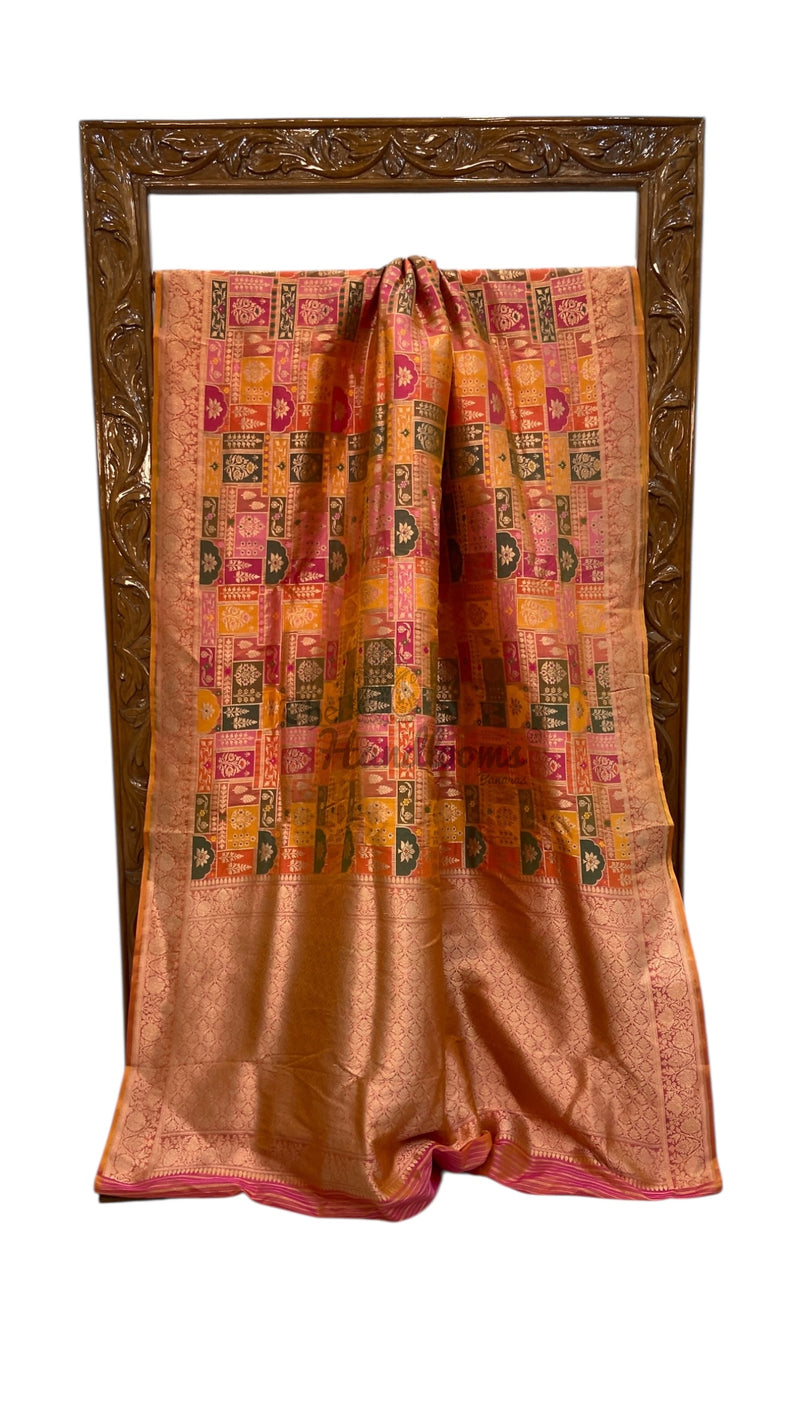 Multicolor Pure Katan Silk Banarasi Handloom Saree - All over Jaal Work With Rangkart - The Handlooms