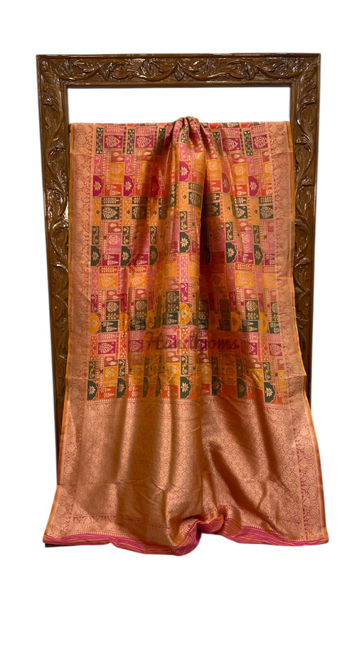 Multicolor Pure Katan Silk Banarasi Handloom Saree - All over Jaal Work With Rangkart - The Handlooms