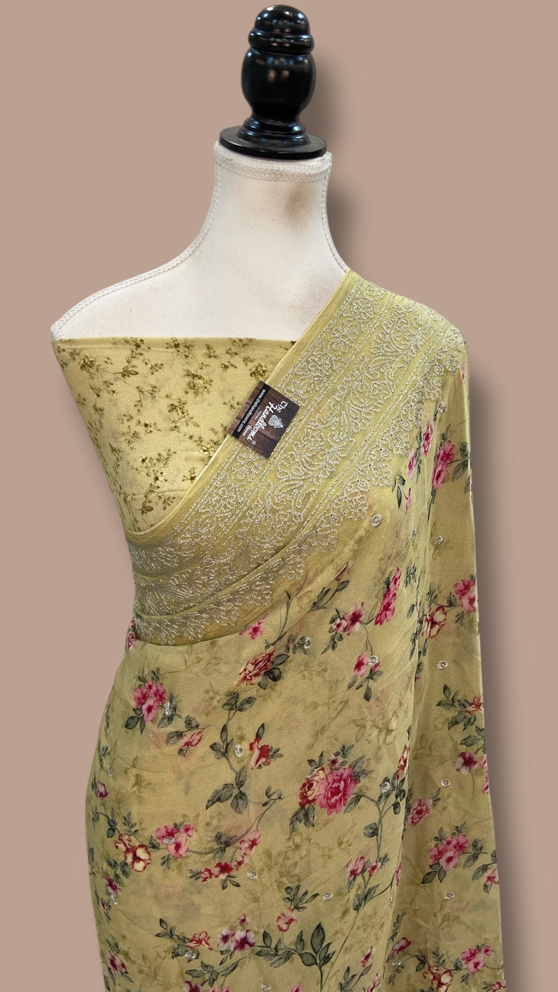 Pure Georgette Handloom Banarasi Saree - Digital Print With Chikankari - The Handlooms