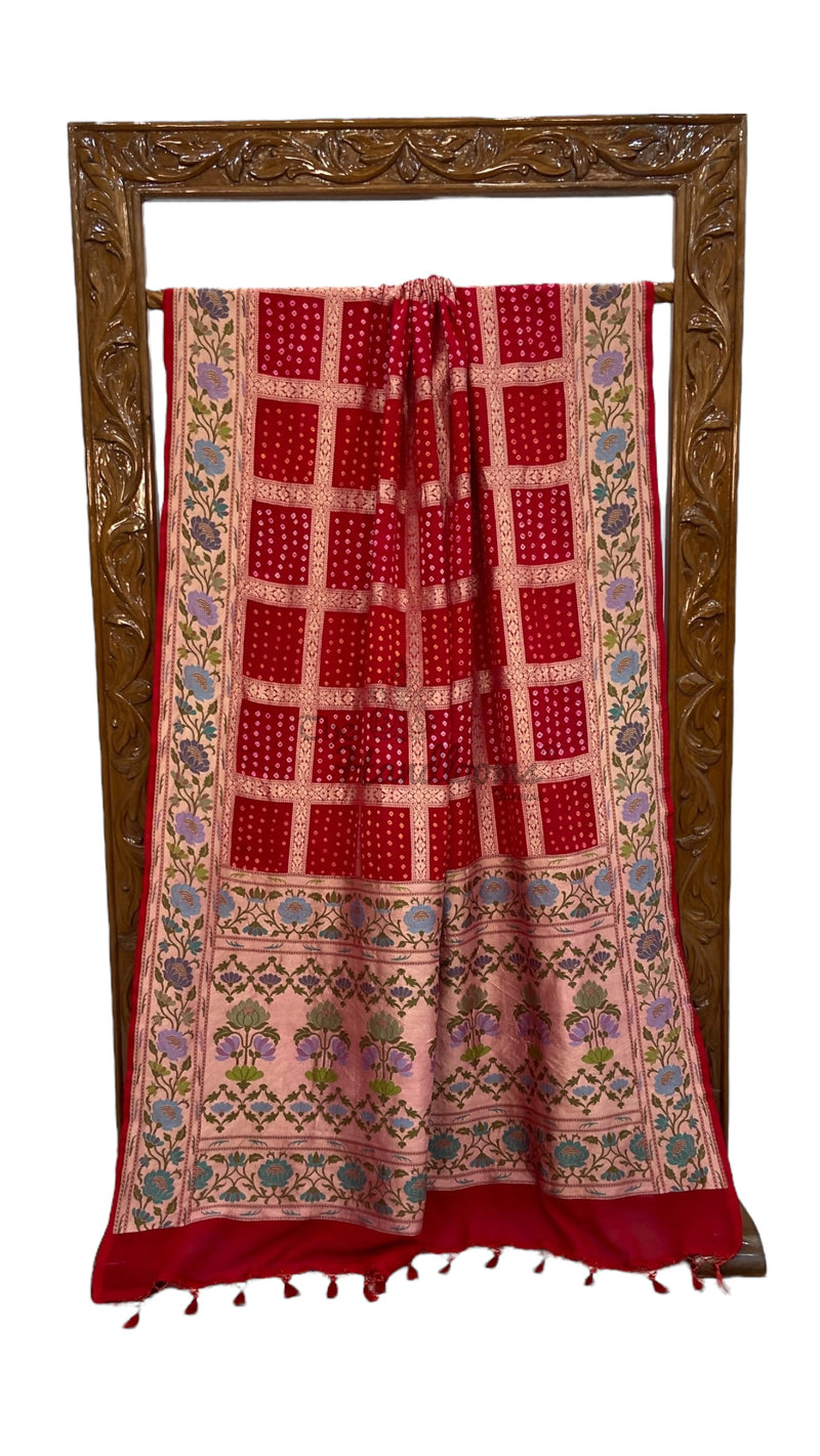 Pure Georgette Banarasi Bandhej Handloom Saree - Meenakari - The Handlooms