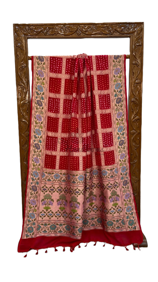 Pure Georgette Banarasi Bandhej Handloom Saree - Meenakari - The Handlooms