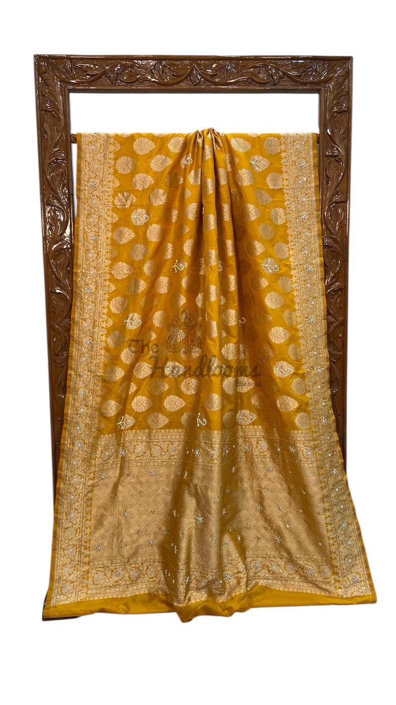 Mustard Pure Katan Silk Banarasi Handloom Saree - All Over Boota With Zardosi Handwork - The Handlooms