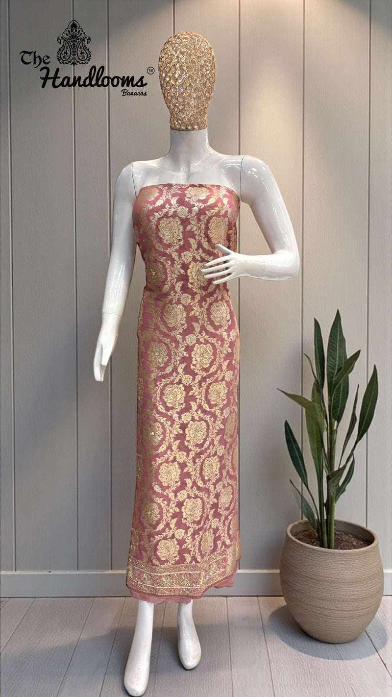 Pure Khaddi Georgette Handloom Banarasi Dress Material With Katdana,Zardozi,Stone,Diamond,Dapka - The Handlooms