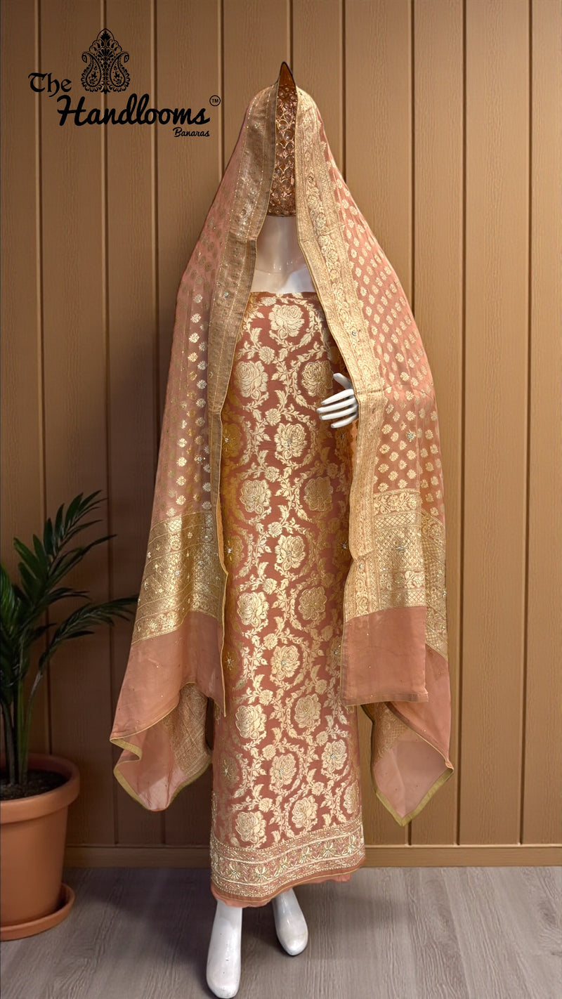 Pure Khaddi Georgette Handloom Banarasi Dress Material With Katdana,Zardozi,Stone,Diamond,Dapka - The Handlooms