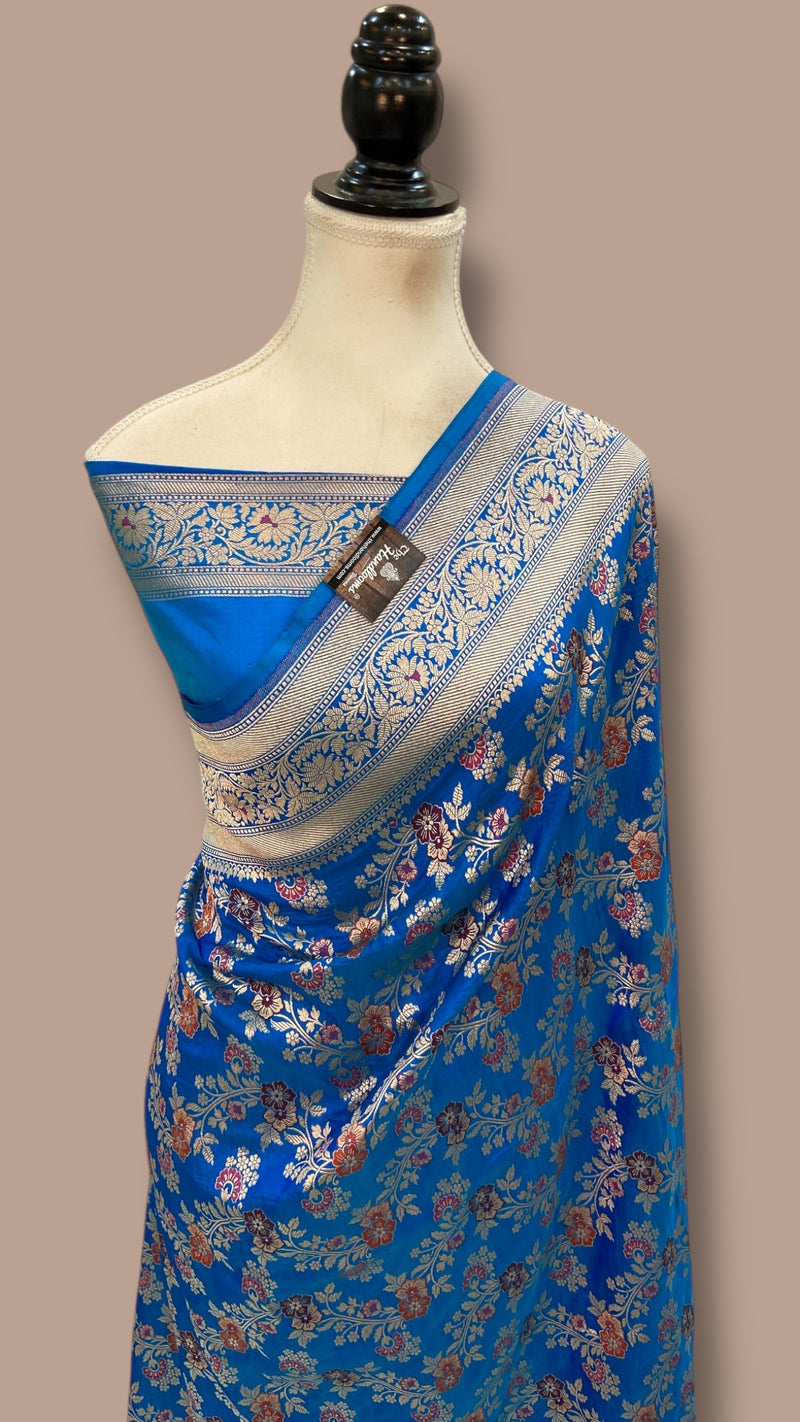 Blue Pure Katan Silk Banarasi Handloom Saree - All over Jaal Work With Meenakari - The Handlooms