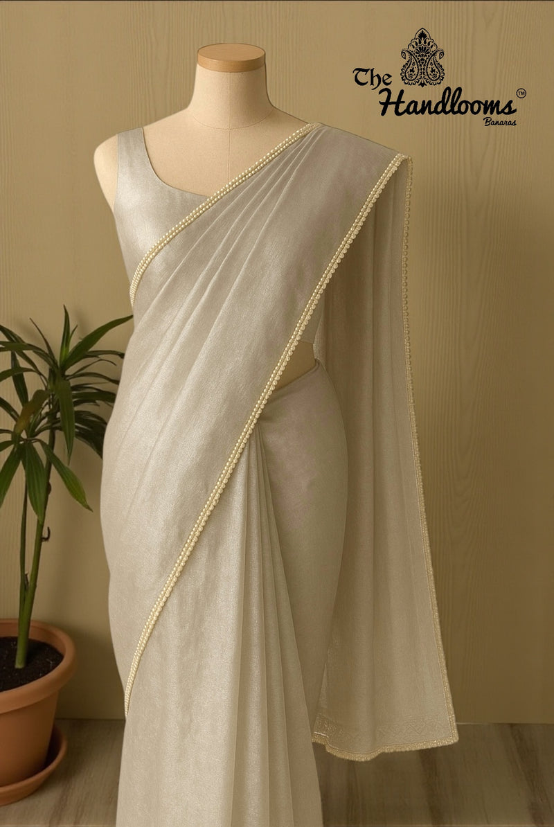 Pure Kora Tissue Handloom Banarasi Saree - Lace Work - The Handlooms