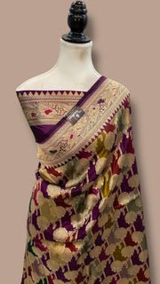 Multicolor Pure Katan Silk Banarasi Handloom Saree - All over Jaal Work With Rangkart - The Handlooms