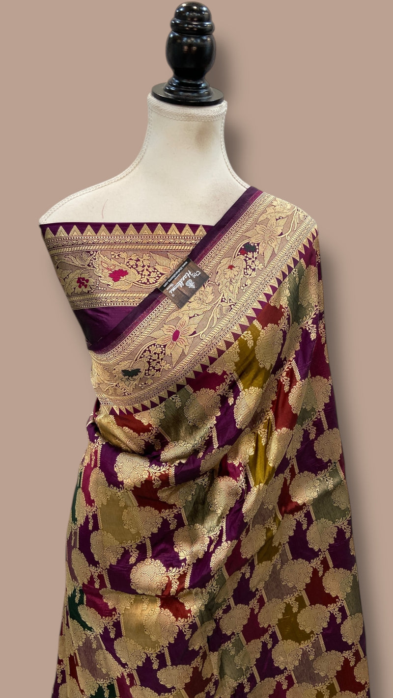 Multicolor Pure Katan Silk Banarasi Handloom Saree - All over Jaal Work With Rangkart - The Handlooms