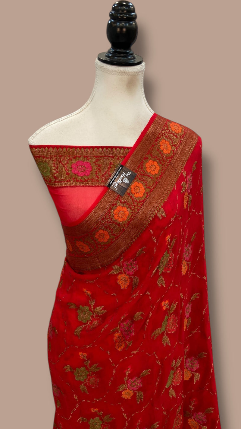 Red Pure Chiffon Khaddi Banarasi Saree - The Handlooms